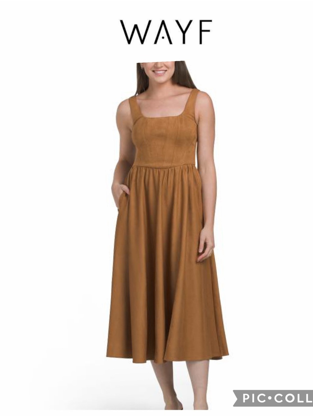 Wayf faux suede gathered square neck camel midi dress with pockets sz small NWT